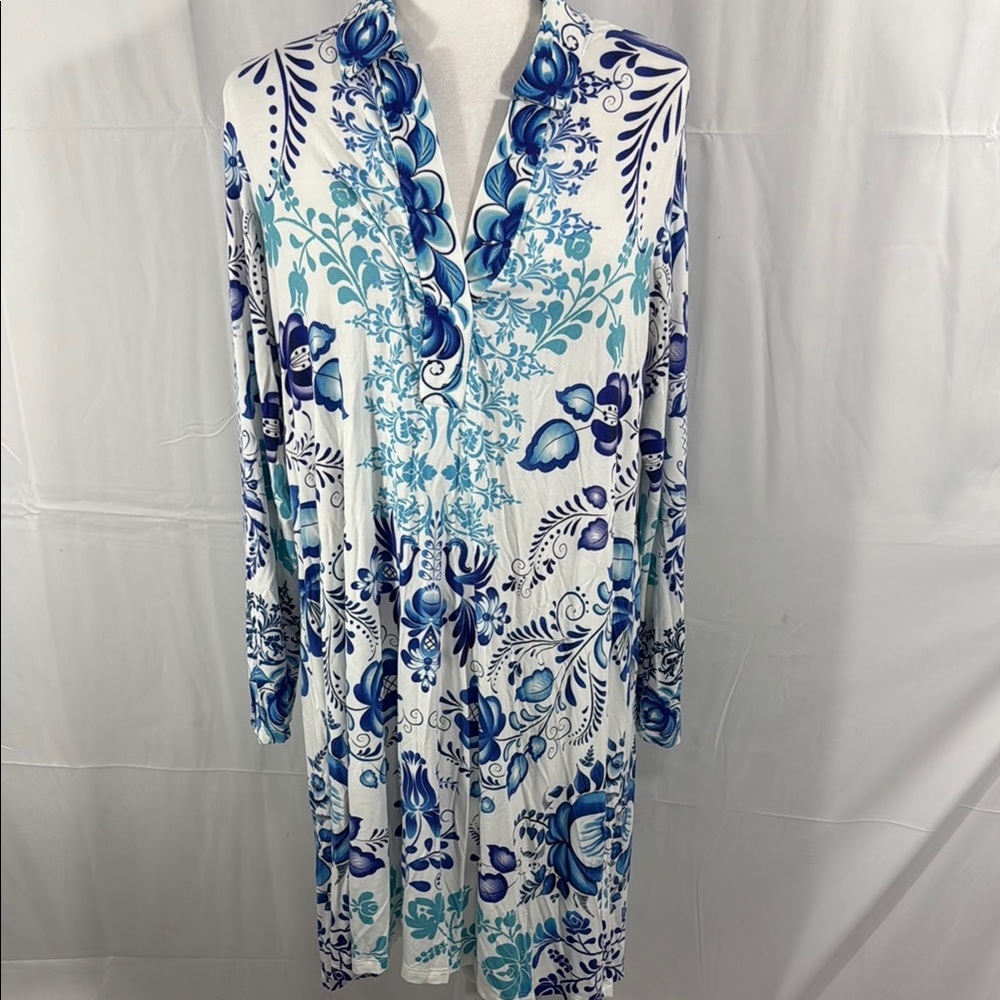 Johnny Was Blue & White Floral Long Sleeve Midi Dress Size M - Picture 3 of 14